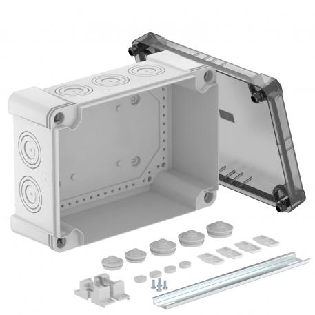 Puszka odgałęźna X 25 z szyną kołpakową 271x187x110 | 10 | IP 67 | szara / przezroczysta